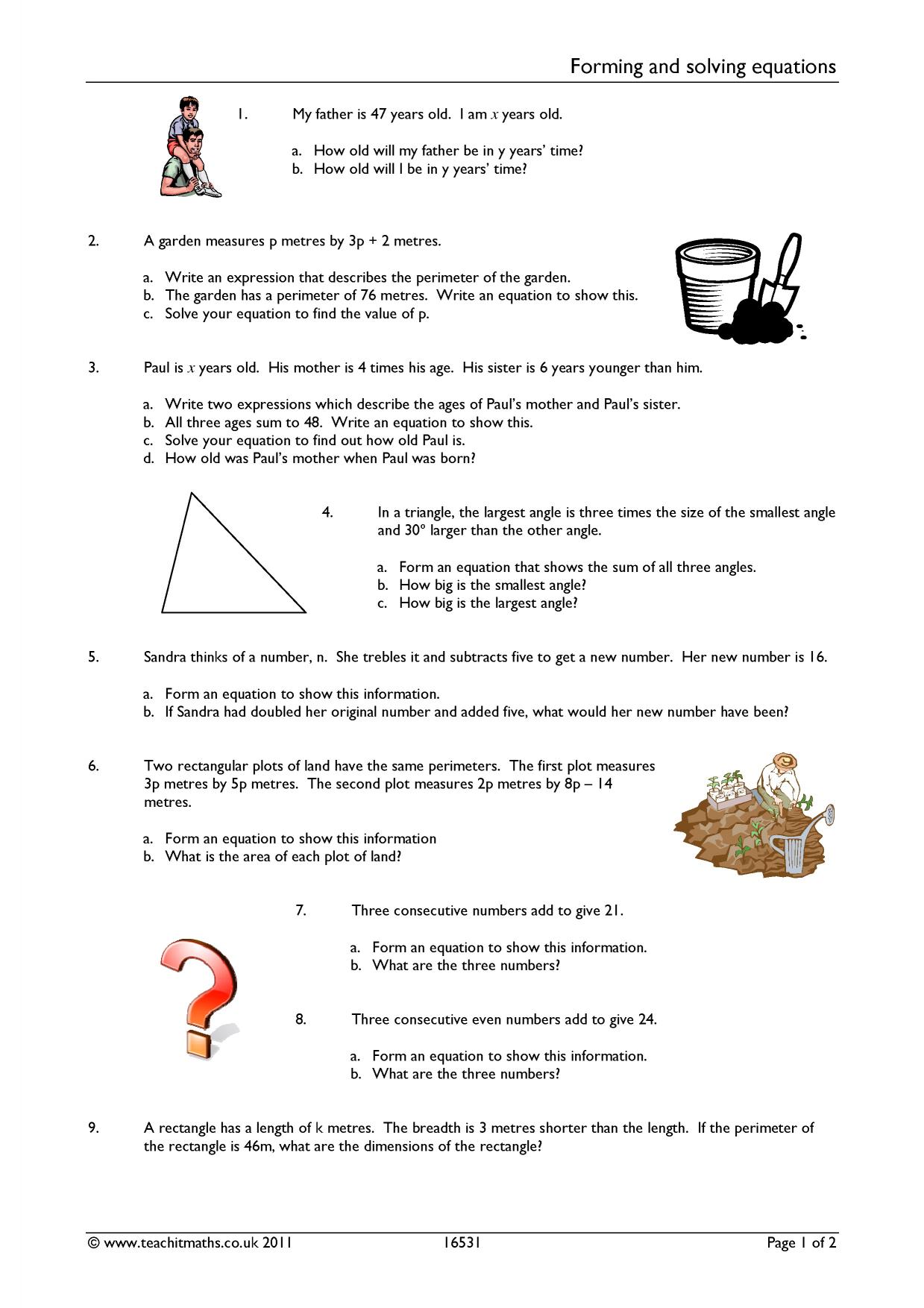 Forming and solving equations Regarding Solving Equations Word Problems Worksheet