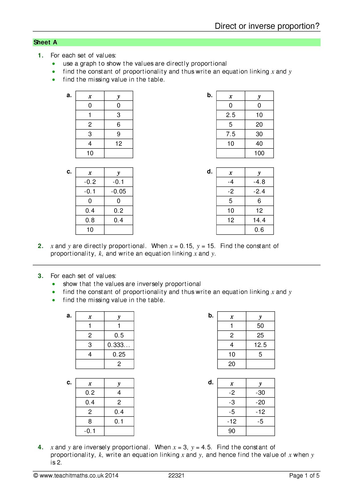 Direct or inverse proportion? Regarding Ratio And Proportion Worksheet