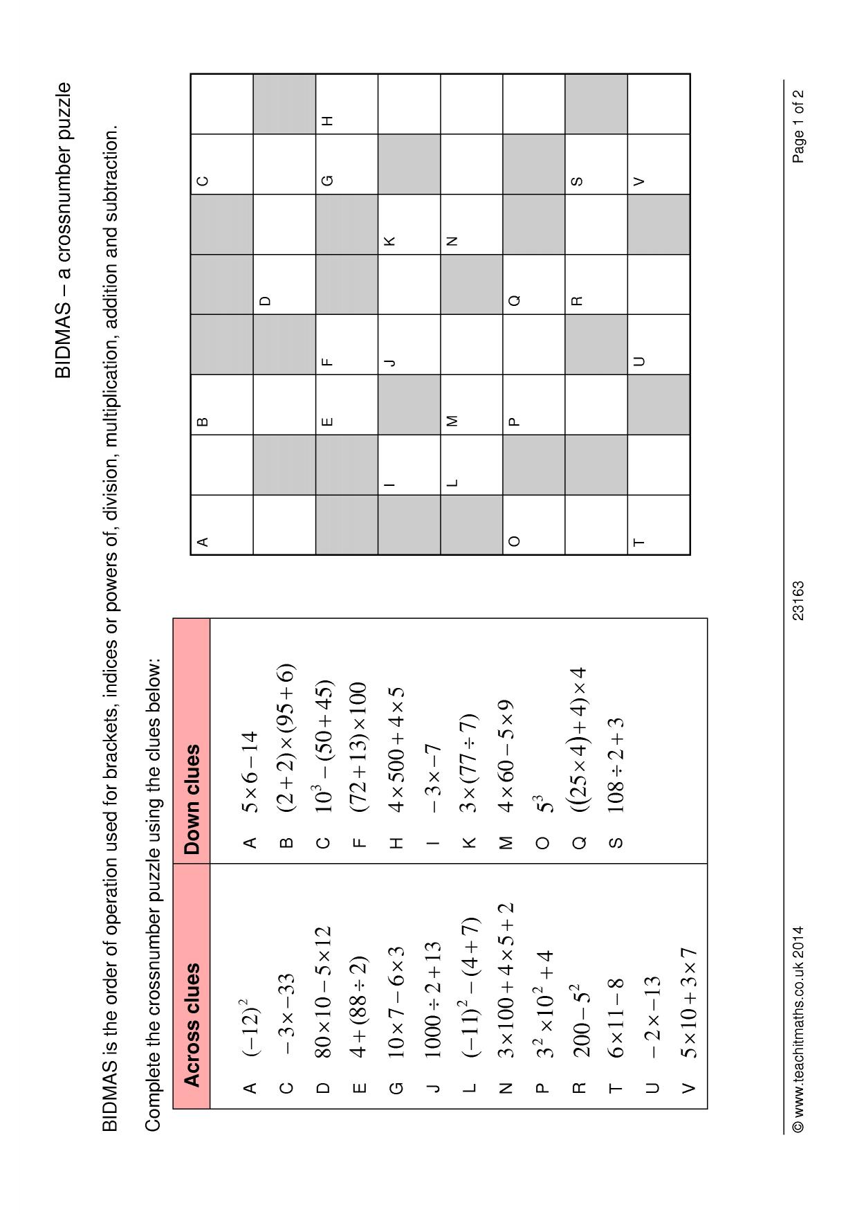 BIDMAS – a crossnumber puzzle Regarding Order Of Operations Puzzle Worksheet