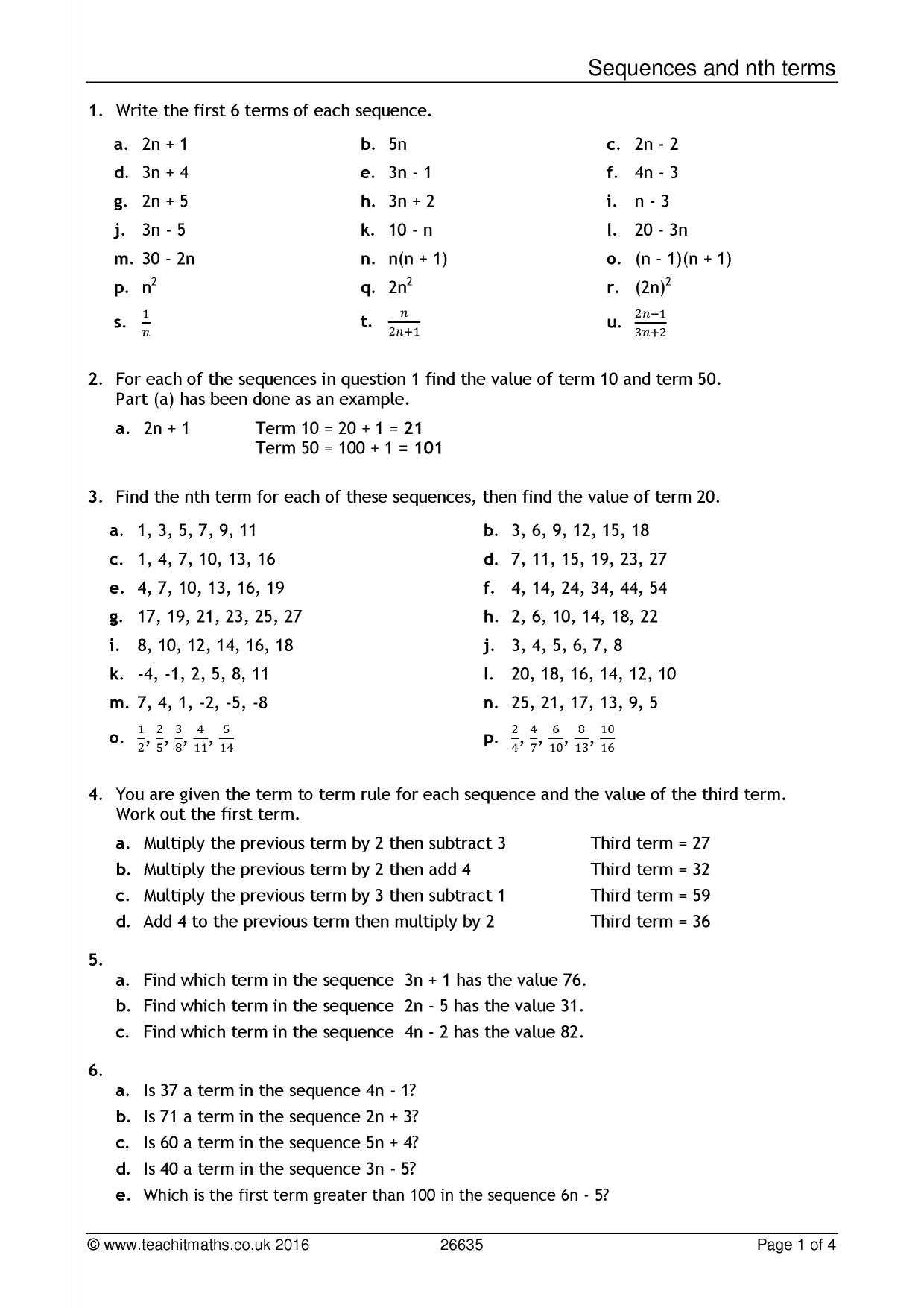 Sequences and nth terms worksheet [PDF] - Teachit Maths For Arithmetic Sequence Worksheet With Answers