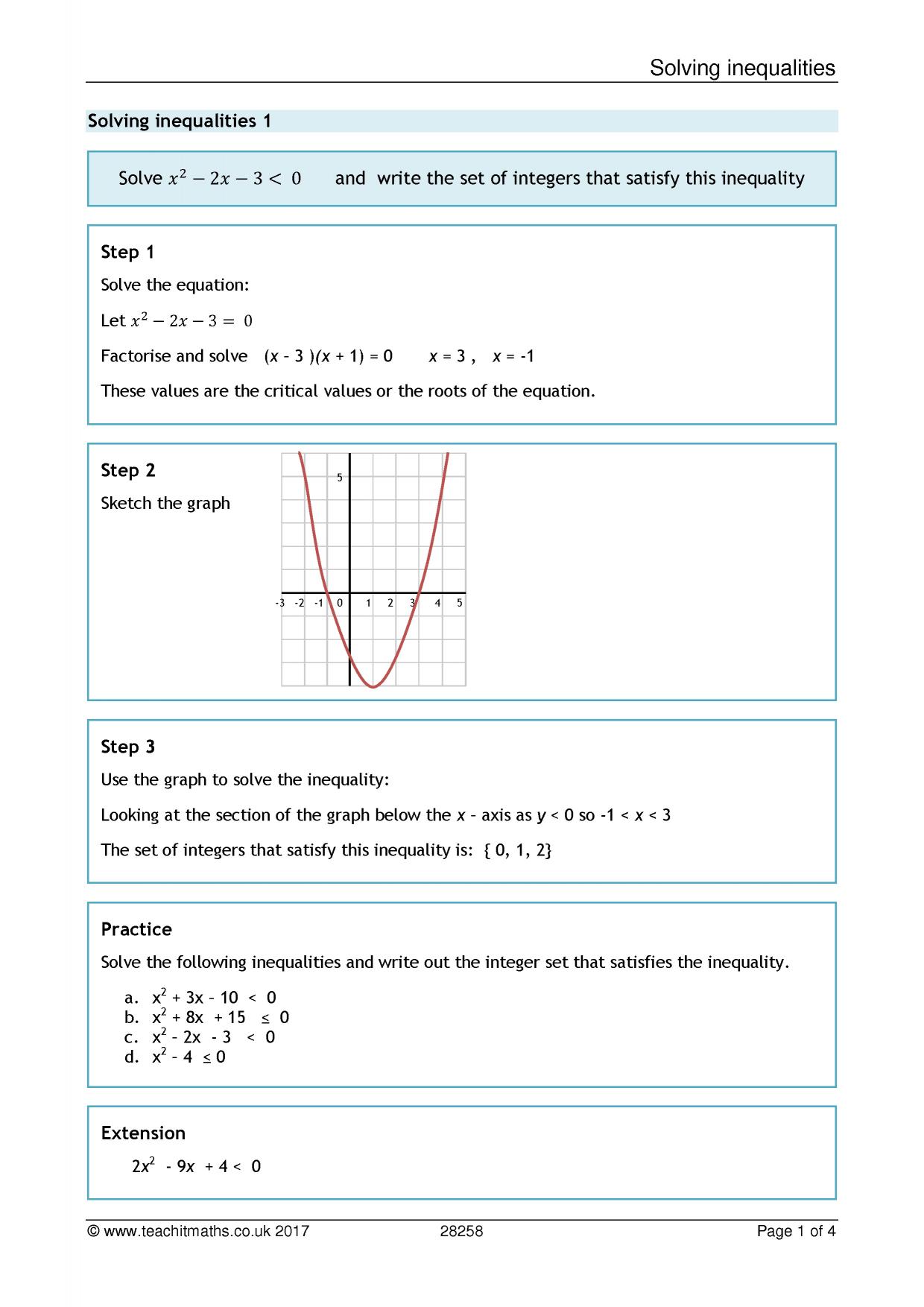 Solving quadratic inequalities Pertaining To Solving Quadratic Inequalities Worksheet