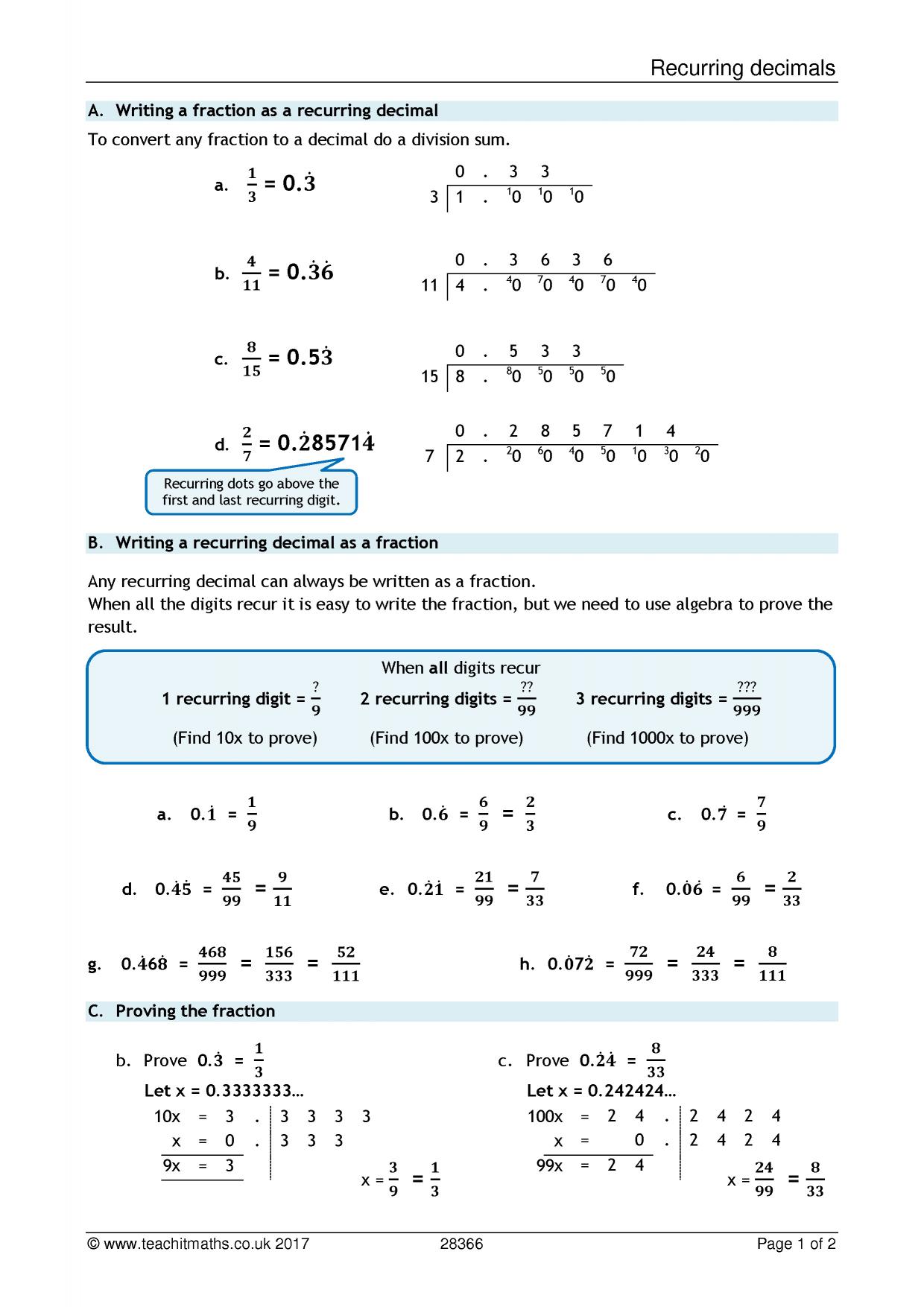 KS11 Number  Fractions/decimals/percentages  Teachit Maths In Repeating Decimals To Fractions Worksheet