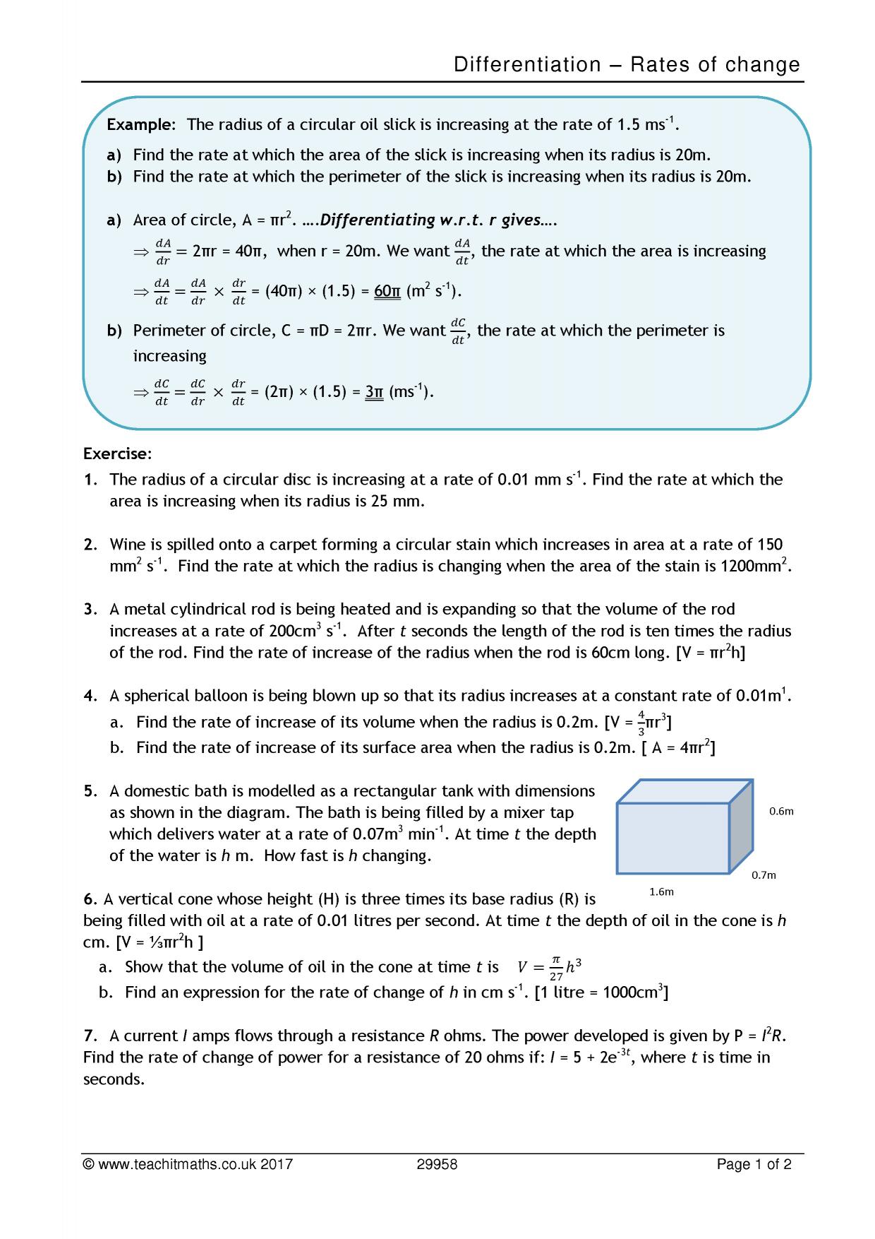 Differentiation - rates of change For Rate Of Change Worksheet