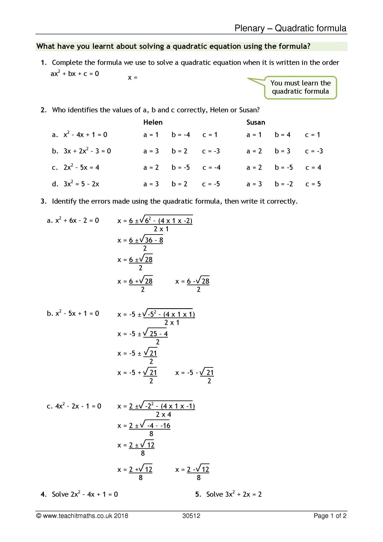 Plenary-use of quadratic formula For The Quadratic Formula Worksheet