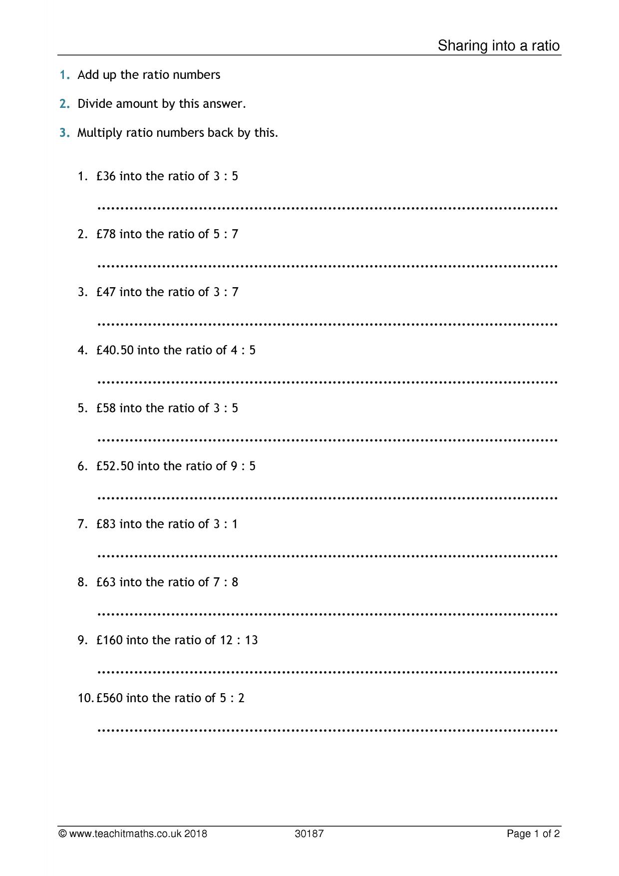 KS11  Ratio and proportion  Teachit Maths Throughout Ratios And Proportions Worksheet