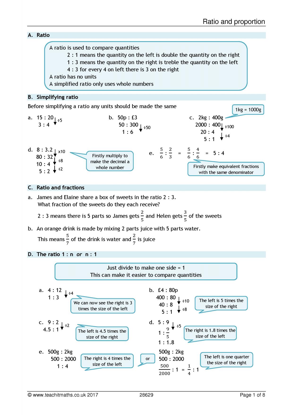 KS11  Ratio and proportion  Teachit Maths Pertaining To Ratio And Proportion Worksheet