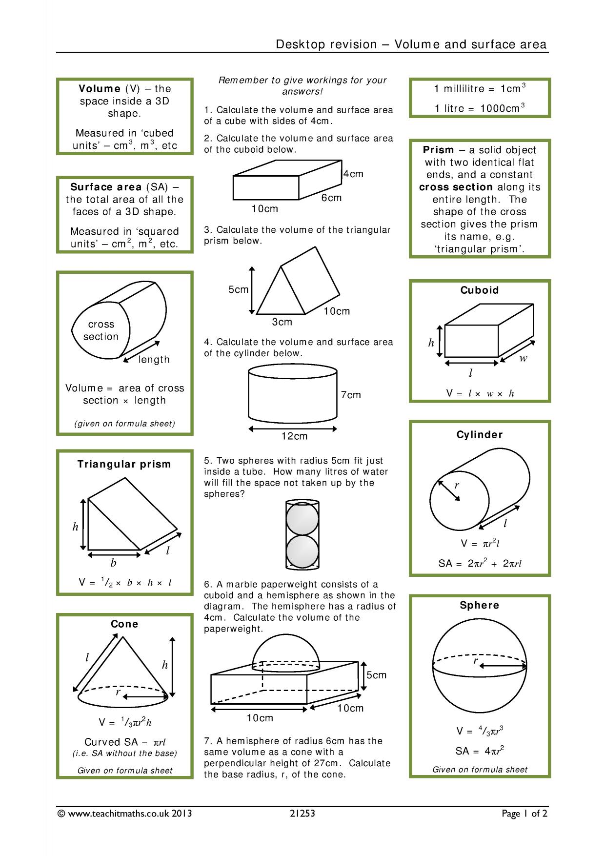 KS11 Geometry and measure  Volume and surface area  Teachit Maths Pertaining To Surface Area And Volume Worksheet