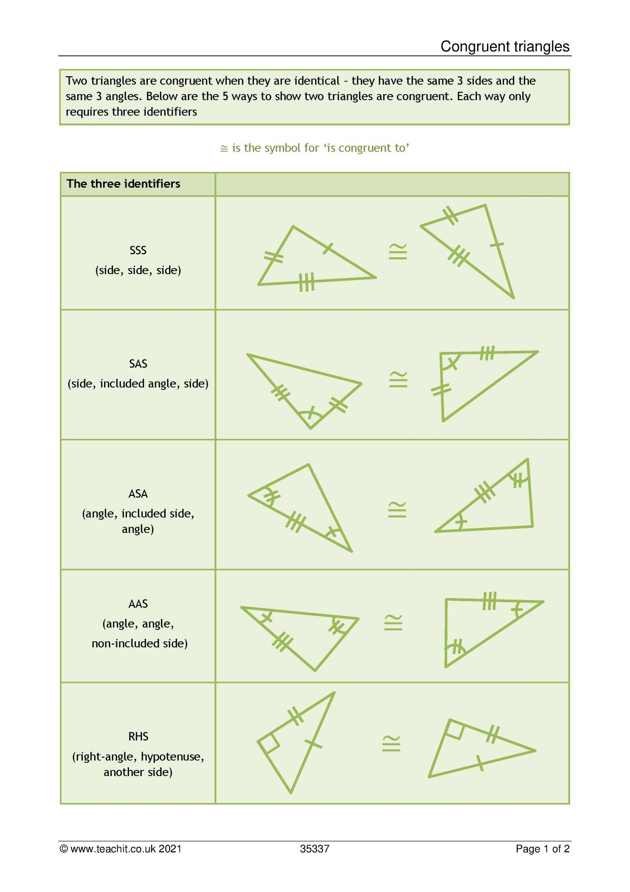 Congruent triangles  KS11 Maths  Teachit Inside Geometry Worksheet Congruent Triangles