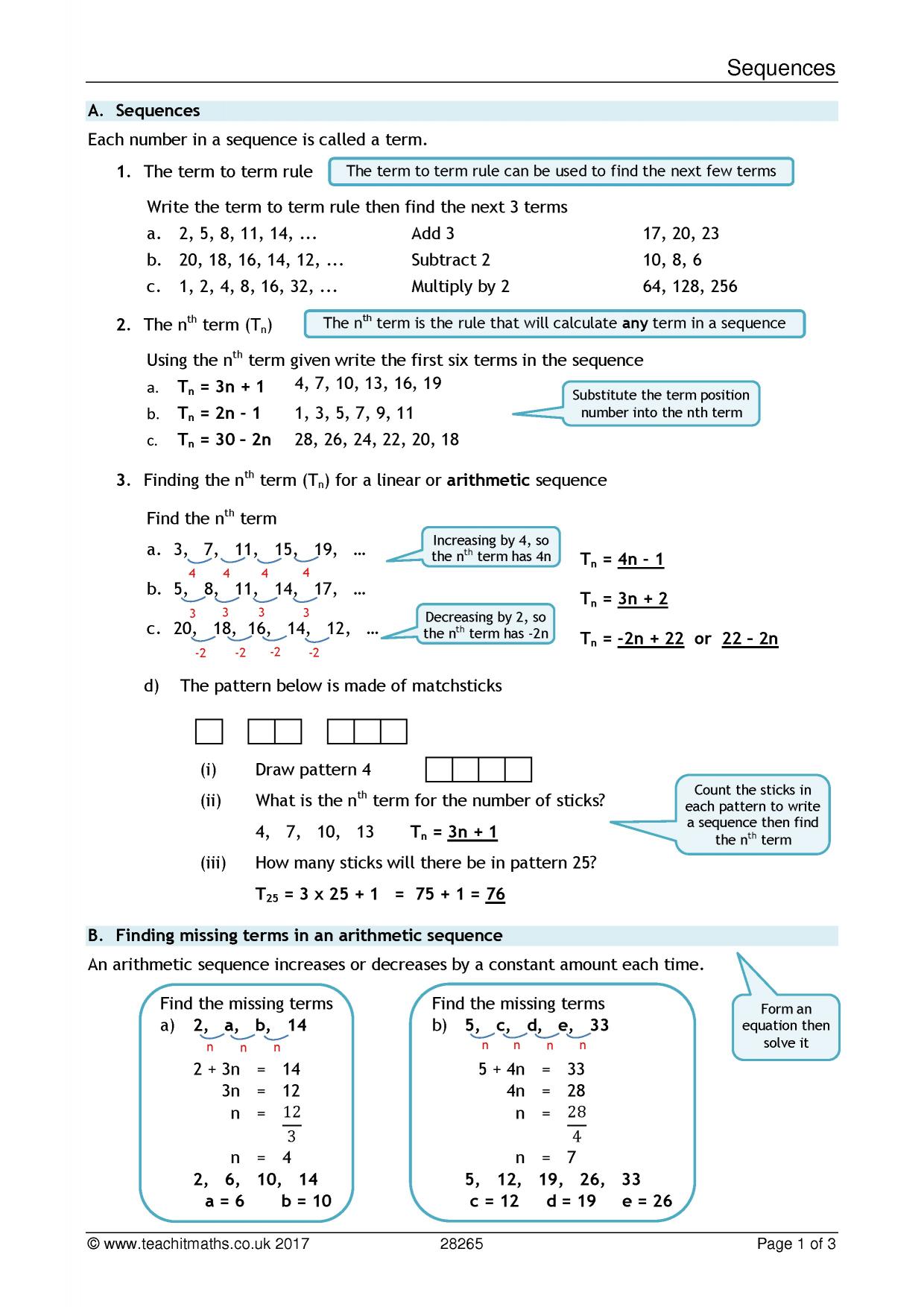 Sequences – nth term  Teachit Maths Regarding Arithmetic Sequences Worksheet Answers