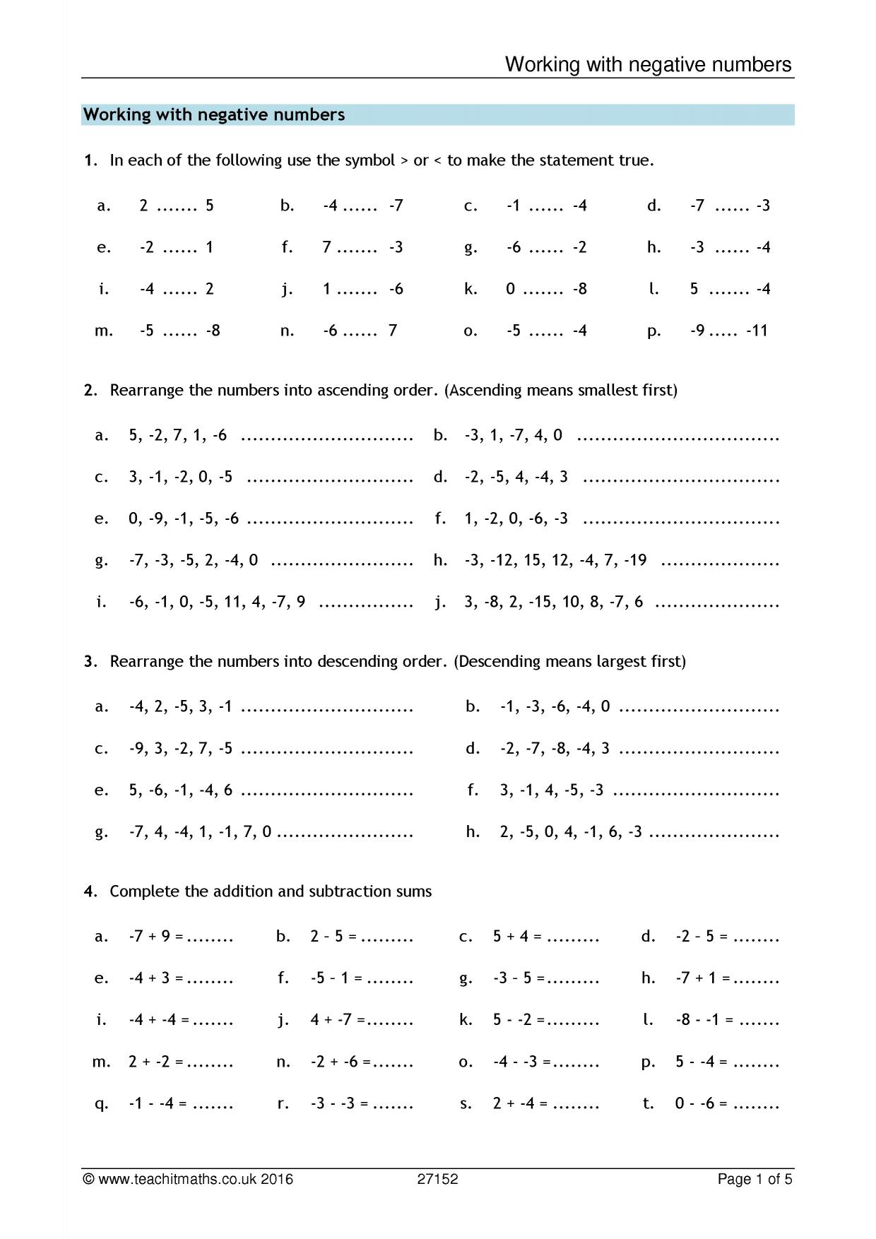 Working with negative numbers  KS25 maths  Teachit With Multiplying Negative Numbers Worksheet