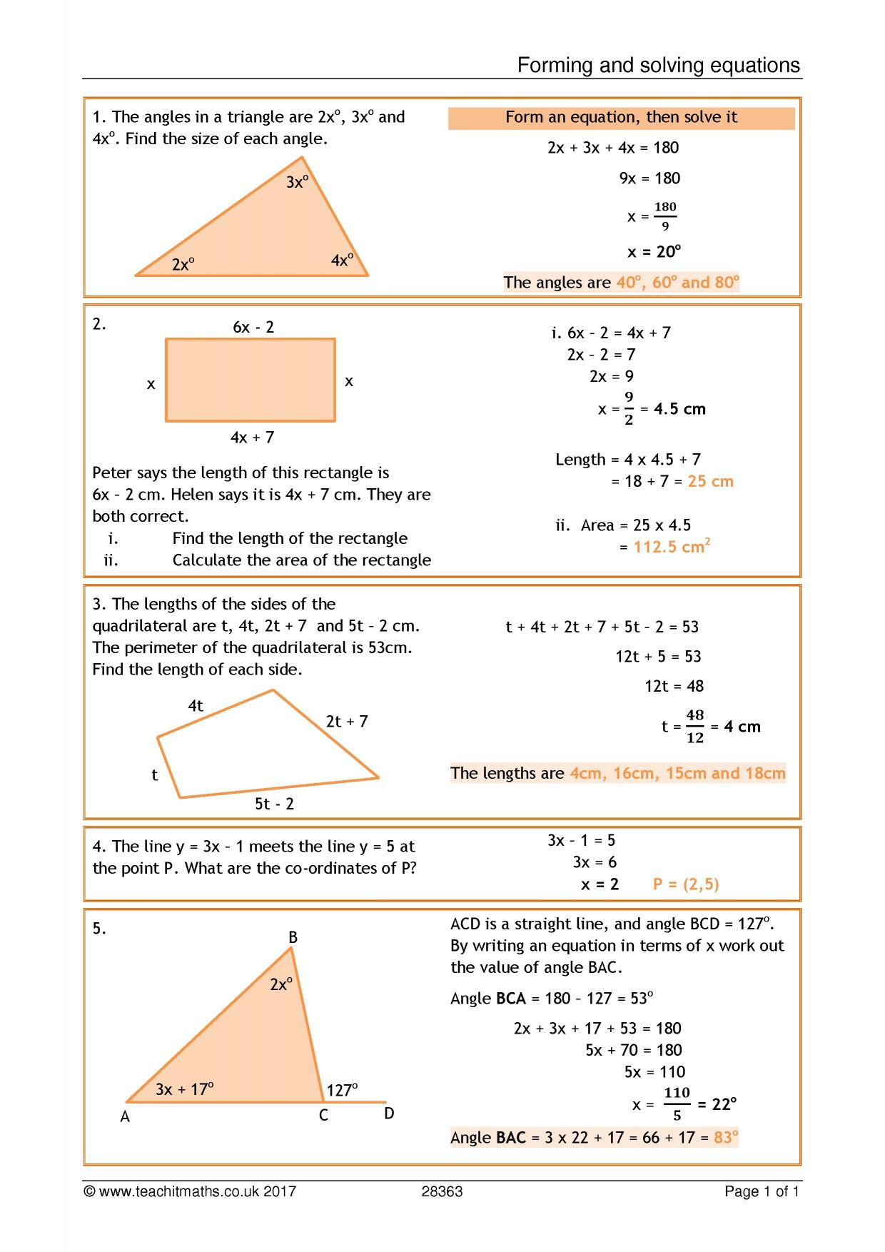 Linear equations  Teachit Maths Inside Linear Equation Worksheet Pdf