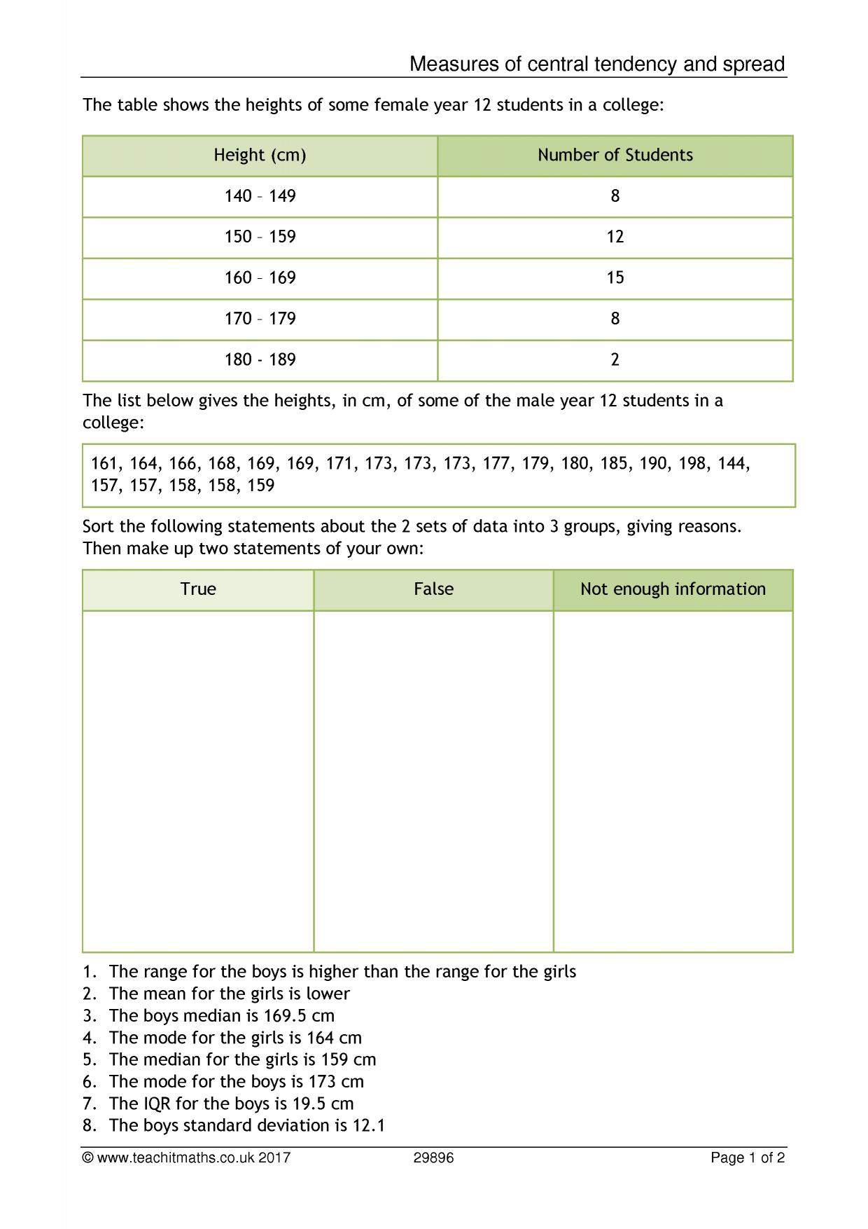 Central tendency and spread¦KS22-22 maths¦Teachit Pertaining To Measures Of Central Tendency Worksheet