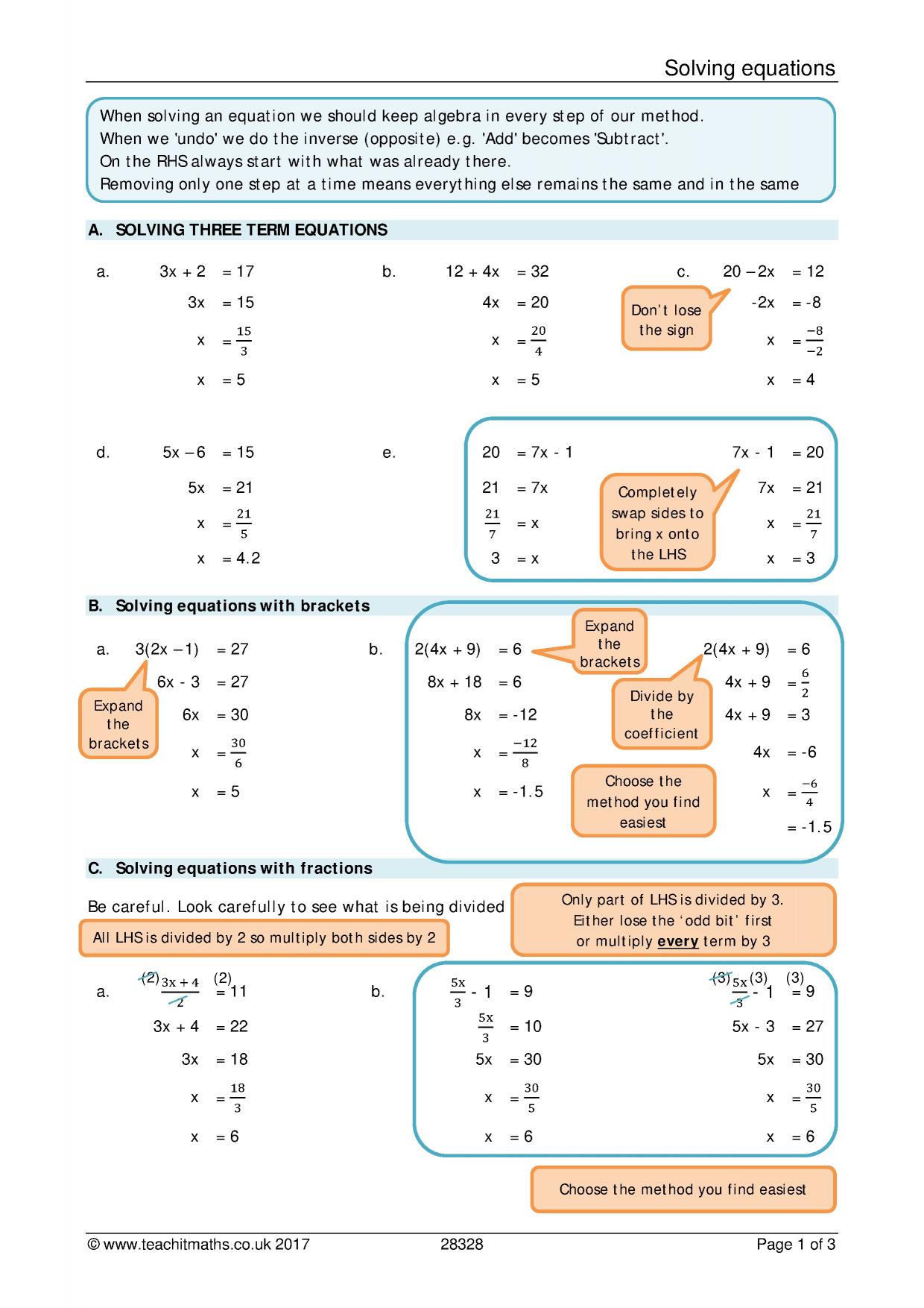 KS24 Algebra  Linear equations  Teachit Maths Intended For Linear Equations Worksheet Pdf