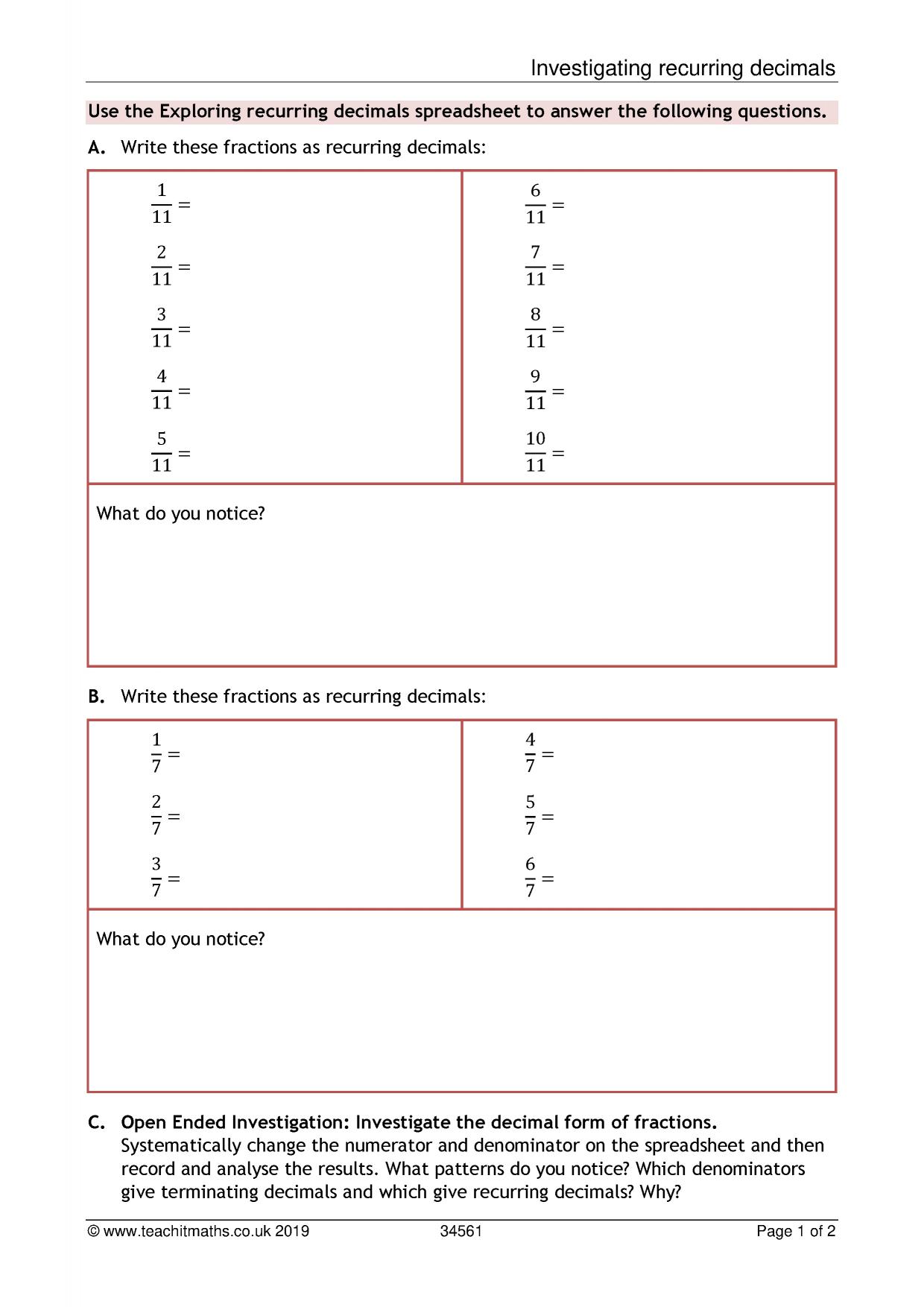 KS22 Number  Decimals  Teachit Maths In Terminating And Repeating Decimals Worksheet